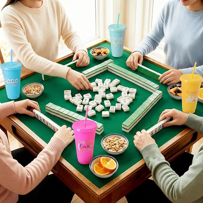 Sliner 12 Pcs Mahjong Cups with Lids and Straws 24 oz Reusable Plastic Mah-jong Tumblers Funny Mahjong Party Supplies Gifts for Mah-jong Players Lovers Travel Game Night
