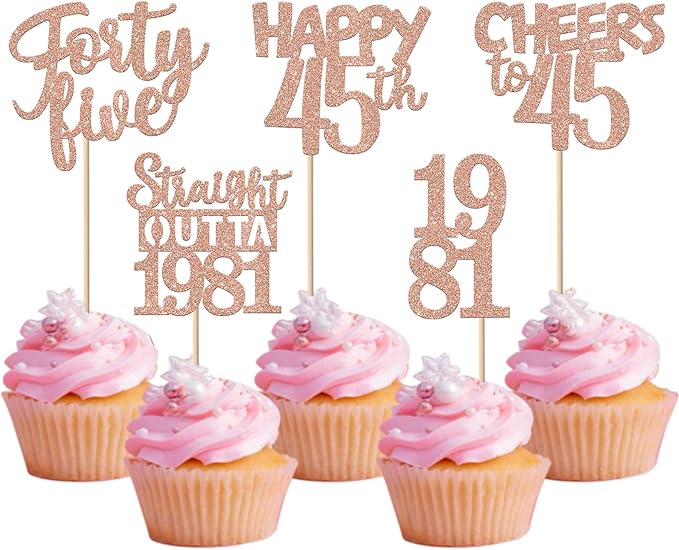 30PCS 45th Birthday Cupcake Toppers Glitter Forty Five Happy 45 Straight Outta 1981 Cupcake Picks for Cheers to 45 Years 45th Birthday Anniversary Party Cake Decorations Supplies Rose Gold