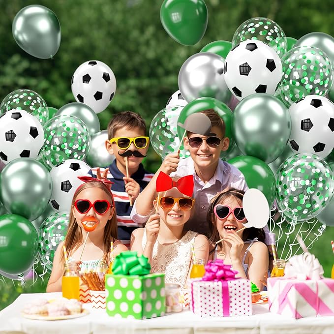 Soccer Balloons, 12 Inch Football Balloon Metallic Green Silver black Confetti Party Latex Ballons for Boy Soccer Birthday Sport Decorations Baby Shower Graduation Party Supplies