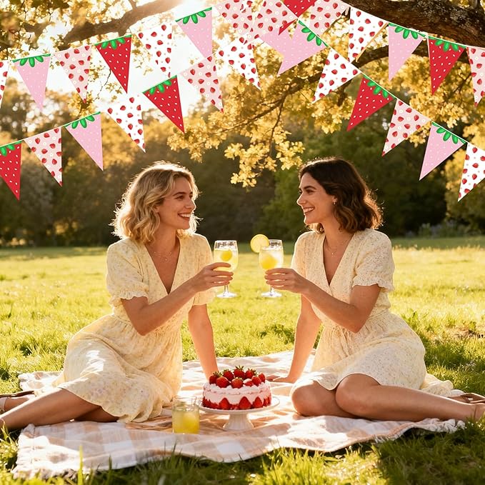 Jetec 5 Pcs 49 Ft Strawberry Decorations Strawberry Pennant Banner Pre-Assembled Berry Sweet Triangle Flag Bunting Garland for Berry First Birthday Party Baby Shower Theme Decor Supplies