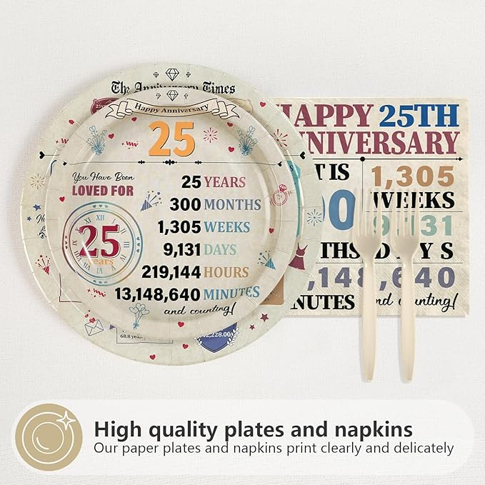 96Pcs 25th Anniversary Party Decorations Retro 25 Years Wedding Aday Plates and Napkins Happy 25th Anniversary Disposable Tableware Set for Vintage 25 Year Wedding Party Supplies Serves 24