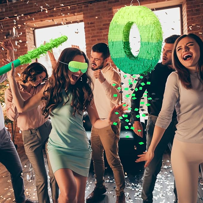 Number Piñata Decorations 16 Inch Gradient Green Piñata with Blindfold Stick and Confetti for Birthday Baby Shower Safari Jungle Themed Party Supplies Centerpiece(Number 0)