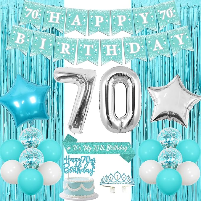 Funmemoir Teal 70th Birthday Decorations for Women, Happy 70th Birthday Party Banner Sash Tiara Balloons Foil Fringe Backdrop and Cake Topper, Teal Blue Theme 70 Years Old Party Supplies