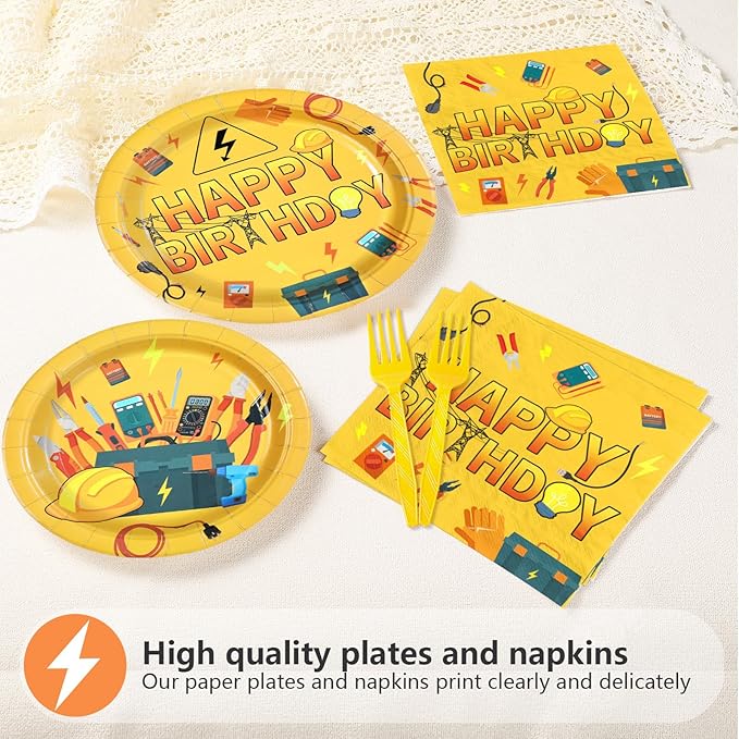 96Pcs Electrician Birthday Party Decorations Power Electrician Lineman Plates and Napkins Tableware Set Wire Gloves Bulb Switch Theme Decor for Boys Man Construction Birthday Party Supplies Serves 24
