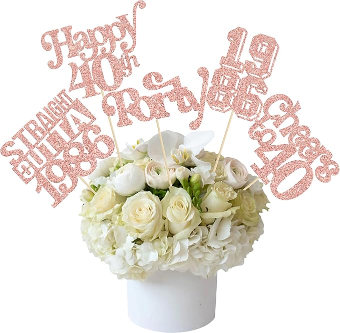 Gyufise 15Pcs Happy 40th Birthday Centerpiece Sticks Forty Straight Outta 1986 Table Flower Centerpieces Sticks Cheers to 40 Decorations for 40th Birthday Party Supplies Rose Gold