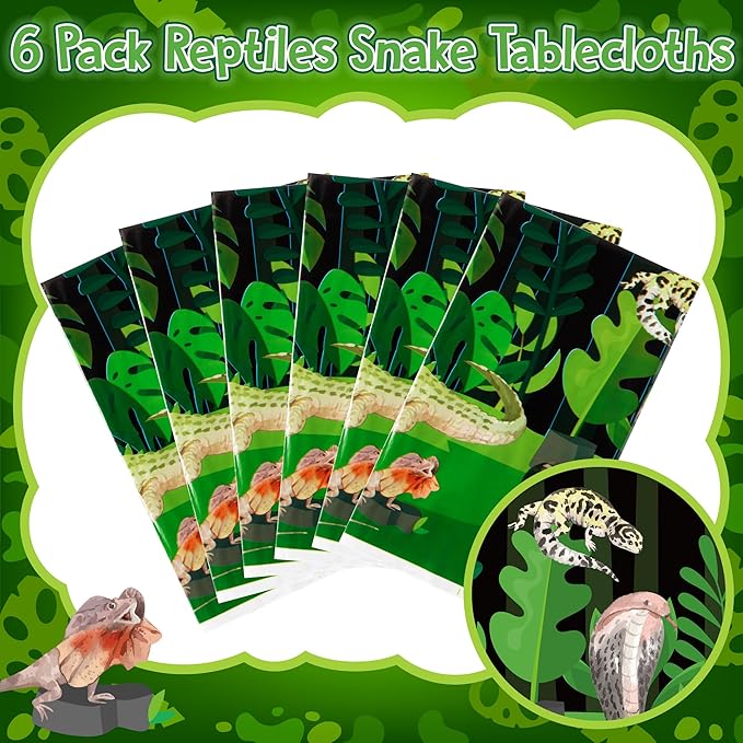 6Pack Reptile Swamp Party Tablecloth Disposable Wildlife Lizard Snake Rectangle Tablecover Alligator Turtle Jungle Animal Plastic Table Cloth Decoration for Reptile Birthday Supply 54” x 108”