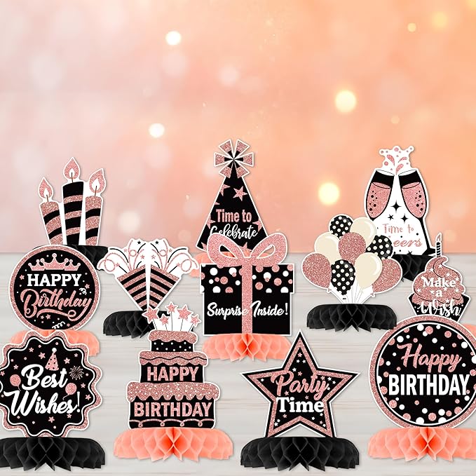 12 Pcs Birthday Table Decorations Glitter Rose Gold Black Birthday Decorations Honeycomb Centerpieces for Table Decor Girls Boys Women Men Party Supplies