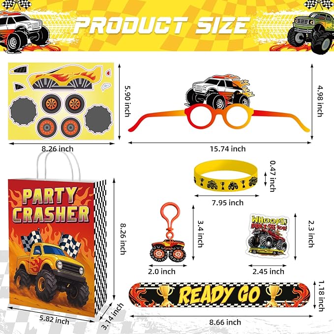 122 Pcs Monster Truck Party Favors, Truck Birthday Party Supplies Include Goodie Bags, Bracelets, Keychains, Stickers, Paper Glasses, Off-Road Racing Theme Pinata Fillers Classroom Rewards