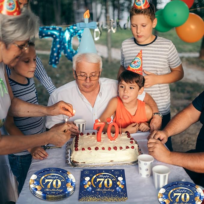 40PCS 70 th Birthday Decorations For Men Navy Blue and Gold Happy Birthday Party Decorations Include Plates Napkins for 70th Birthday Anniversary Party Supplies Decor