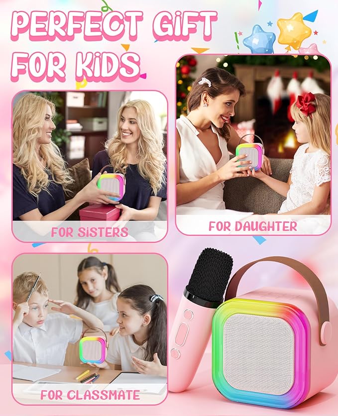 Karaoke Machine for Kids Microphone Gifts for Teen Girls Toys Age 6-8 for Kids 4 5 7 9 6 8 10 Year Old Christmas Birthday Gift Ideas (Pink)
