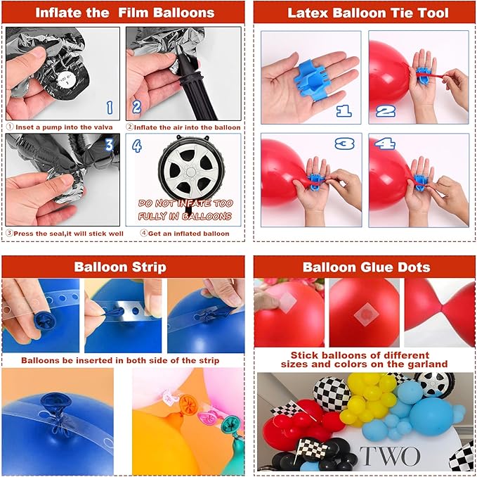Race Car Birthday Party Balloons Arch Kit,179pcs Race Car Party Decorations Red yellow black and blue & Checkered Flag & Wheels Foil Balloon for Boys Racing car Theme Two Fast Party Supplies