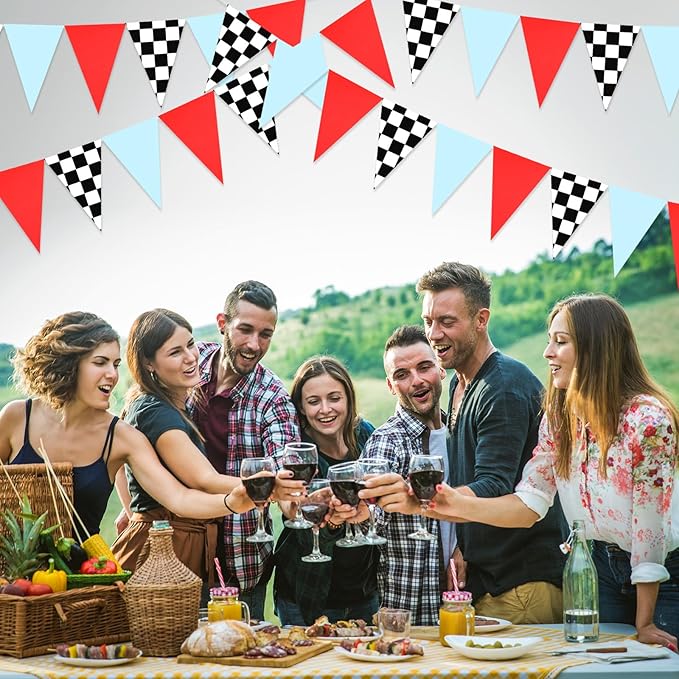 Tiamon 5 Pcs Racing Car Flag Banner Party Decorations Red Blue Black White Checkered Triangle 49.2 Ft Flag Race Car Pennant Banner Garland Streamer for Birthday Baby Shower 2nd Two Fast Party Supply