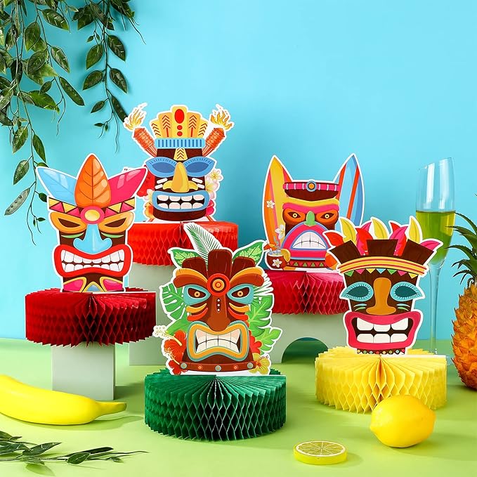 Geyee 9 Pcs Hawaiian Luau Honeycomb Centerpiece Tiki Tropical Table Toppers Party Decorations Luau Double Side Table Paper Toppers Signs for Hawaii Birthday Beach Pool Party Supplies