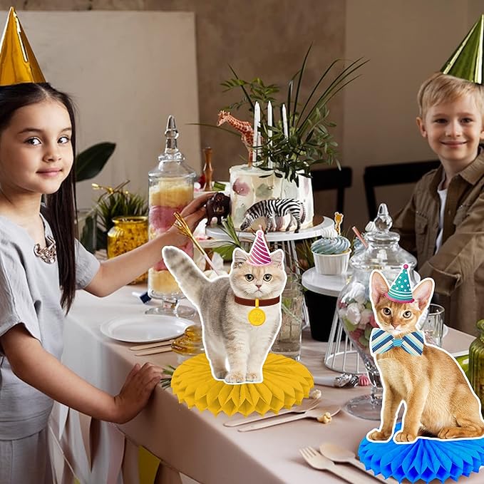 10Pcs Cat Honeycomb Centerpieces Cat Birthday Party Supplies Kitten Party Decorations Lovely Cat Decoration Table for Cat Theme Birthday Party Baby Shower Supplies