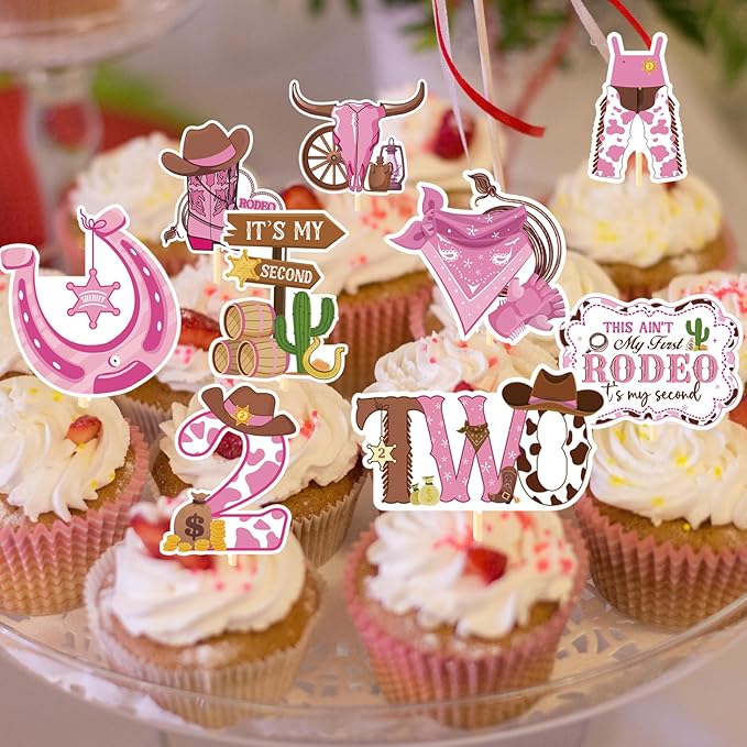 This Ain't My First Rodeo It's My Second Cupcake Toppers, Cowgirl 2nd Birthday Party Cake Decorations, Western Rodeo Theme 2 Years Old Birthday Cupcake Picks Decor for Girls