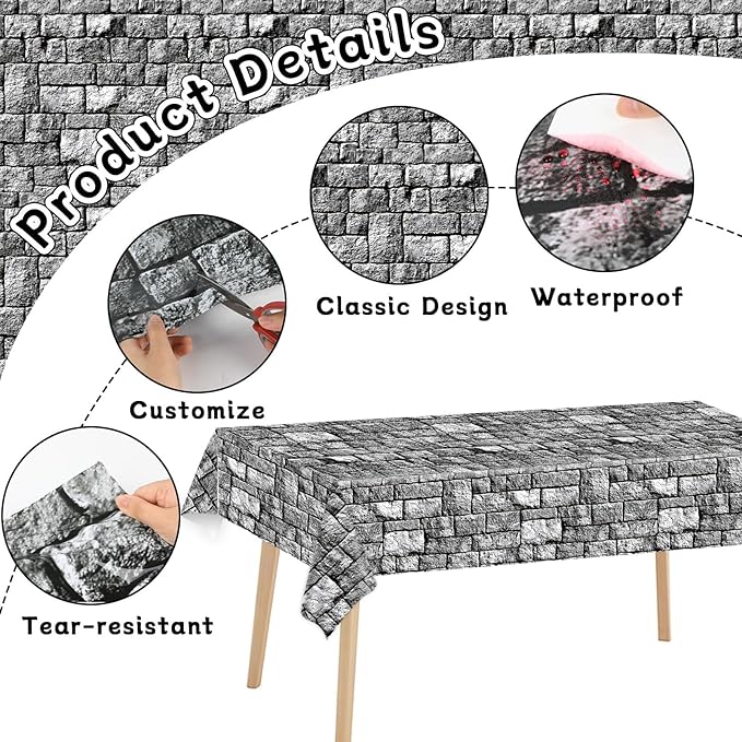 party greeting Brick Stone Wall Tablecloth Roll 100FT x 51 Inch Disposable Stone Wrapping Plastic Table Cover Castle Backdrop for Halloween Western Birthday Medieval Party Decoration Favors Supplies