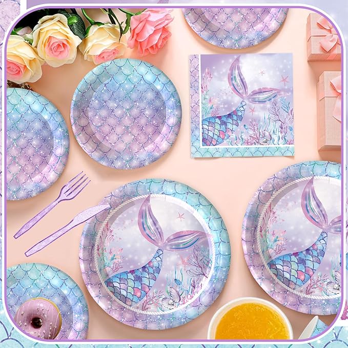 120PCS Mermaid Themed Party Supplies for Girls Baby Shower Under the Sea Mermaid Birthday Party Decorations Ocean Party Tableware Plates Cups Napkins Knives Forks for 20 Guests