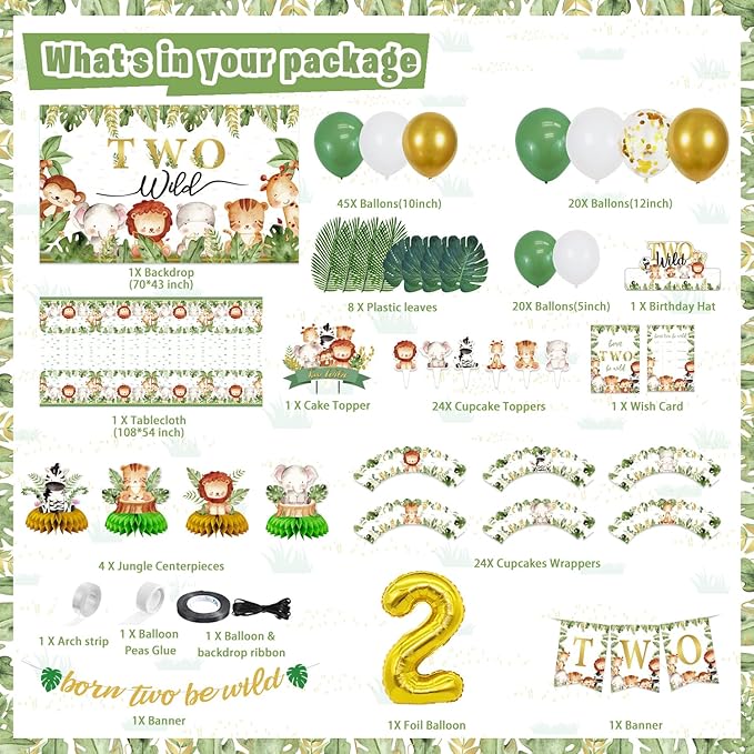 Mpanwen Two Safari Wild Birthday Decorations for 2 Years Old Boys, 158 Pcs Jungle Safari 2nd Party supplies for Baby - Backdrop, Tablecloth, Palm Leaves, Jungle Centerpieces, Banner, Crown and Poster