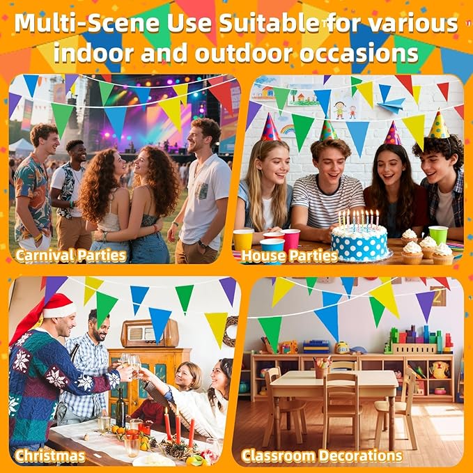 MAQIHAN Pennant Flag Triangle Banner Flags - 98ft Extra Long Pennant Banner Flags for Outside Party Decorations, Double Sided Colorful Bunting Banner for Birthday Carnival Graduation Classroom Decor