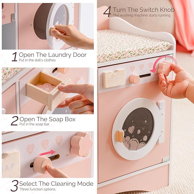 ROBOTIME Wooden 6-in-1 Baby Doll Changing Table with Baby Doll Crib, Washing Machine, Bottle Sterilizer, Storage Area, and Doll Seat, Ideal Role-Playing Toy for Kids 3+, Fits Dolls Up to 20 in, Pink