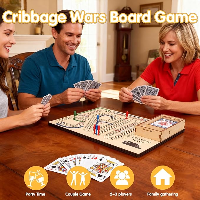 Cribbage Wars Board Game,2025 Wooden Cribbage Board Game Set Traps Games Classic Night Bar Games for Families with Built-in Storage Compartment for Cribbage Pegs