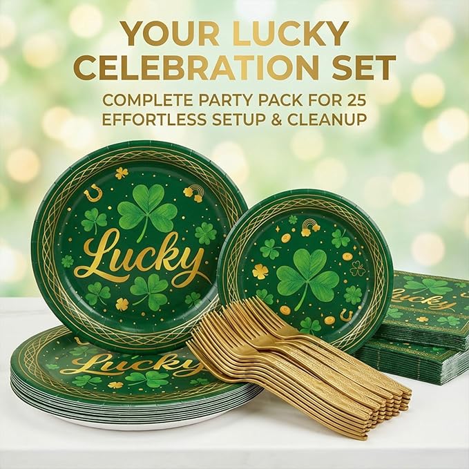100 Pcs St. Patrick's Day Tableware Party Supplies, Serves 25, Disposable Green Clover and Lucky Design Paper Plates, Napkins, and Gold Forks, St. Paddy's Day Dinner, Irish or Spring Decorations