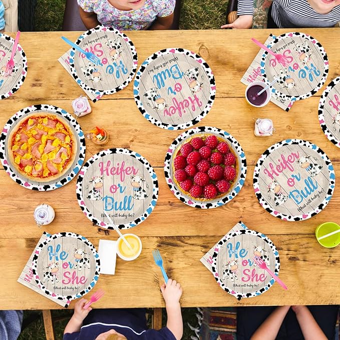 96Pcs Cow Gender Reveal Decorations Pink Blue He Or She Plates and Napkins Disposable Heifer or Bull Holy Cow Paper Tableware for Baby Boy or Girl Cowgirl Cowboy Gender Reveal Party Supplies Serves 24