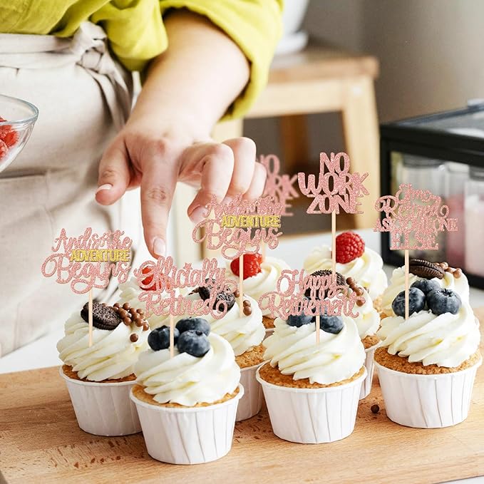 30 PCS Happy Retirement Cupcake Toppers Officially Retired Cake Toppers No Work Zone Adventure Begins Cupcake Picks for Retirement Theme Farewell Birthday Party Decorations Supplies Rose Gold