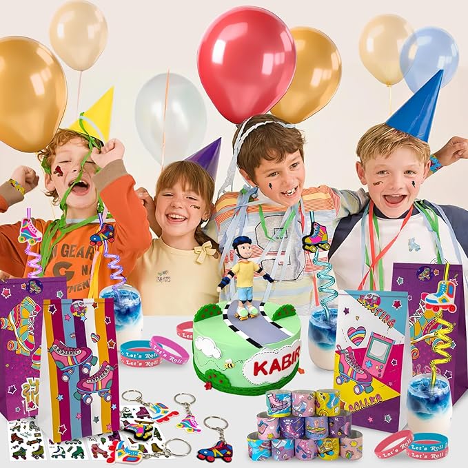 134 Pcs Roller Skate Party Favors Set with Straws Keychains Slap Bracelet Tattoo Roller Skate Stickers Wristbands Goodie Bags Roller Skating Party Supplies Skate Party Decorations