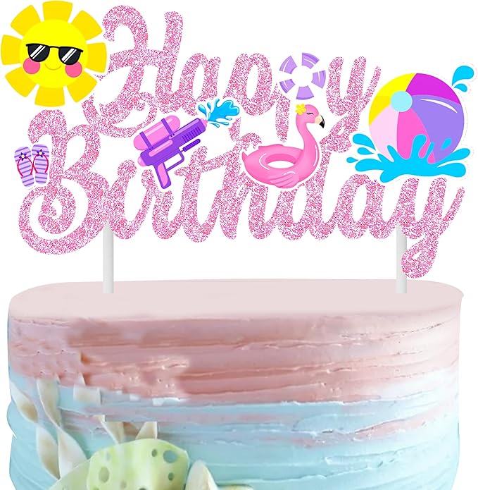 Pool Party Birthday Cake Topper Summer Pool Birthday Party Decorations Pink Glitter Summer Beach Happy Birthday Cake Topper Decorations for Boys Girls Summer Holiday Birthday Party Favor Supplies