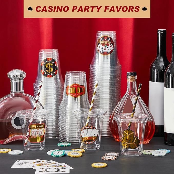 Boao 36 Sets Casino Party Cups with Lids and Paper Straws 14 oz Poker Birthday Party Supplies Favors Decorations Disposable Clear Plastic Cups for Casino Theme Birthday Wedding Decorations