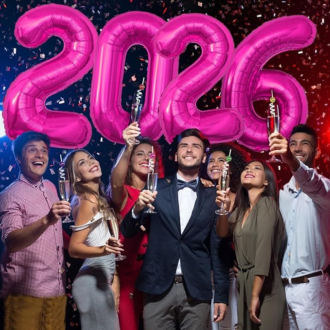 KALOR 42 Inch 2026 Hot Pink Foil Mylar Number Balloons, 2026 New Years Decorations for 2026 Happy New Year Eve and Graduations Party Supplies