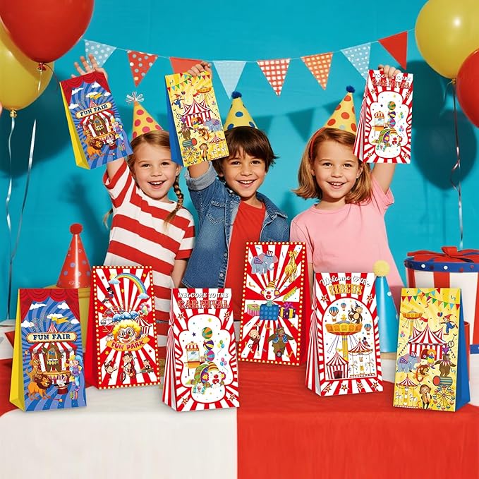 Circus Party Favor Bags, 12 Slap Bracelets, 12 Carnival Party Bags, 12 Tattoo Stickers, 12 Carnival Keychains for Circus Themed Birthday Party Supplies