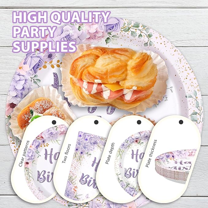 96Pcs Purple Floral Birthday Party Decorations Spring Purple Flowers Birthday Plates and Napkins Sets Flower Butterfly Decorations for Women Girls Lady Rose Shower Party Supplies Serves 24