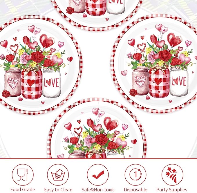 50 Pcs Valentine's Day Paper Plates 10" Hot Heart Vase Dessert Plates Disposable Red Heart Party Supplies for Valentines Day Wedding Anniversary Engagement Party Decorations