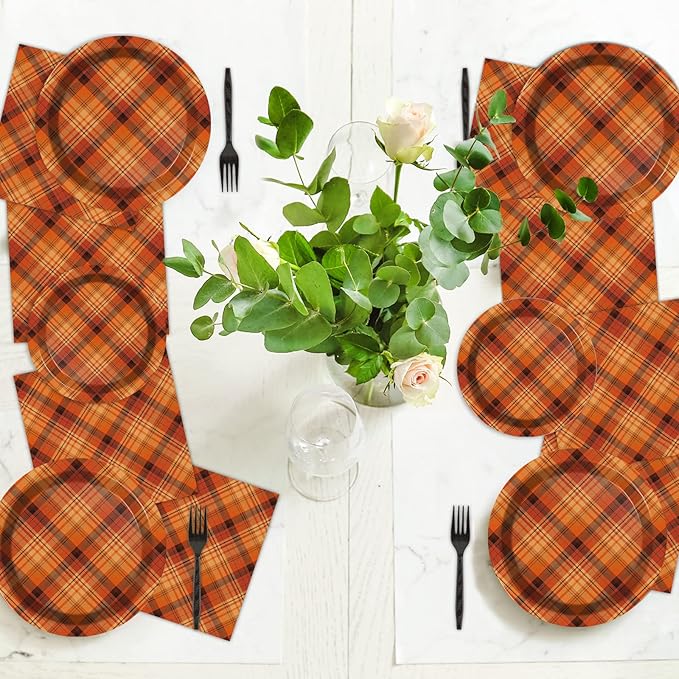 gisgfim 96 Pcs Thanksgiving Fall Orange Plaid Party Supplies Paper Plates Napkins Autumn Party Disposable Tableware Birthday Decorations Favors Serves 24