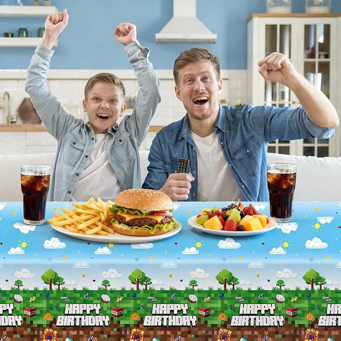 3 Pack Video Game Tablecloth,Plastic Disposable Gaming Theme Tablecloth, Retro Pixel Art Block Design, Vibrant 8-Bit Square Patterns for Kids Birthday Party,54 * 108 inch.