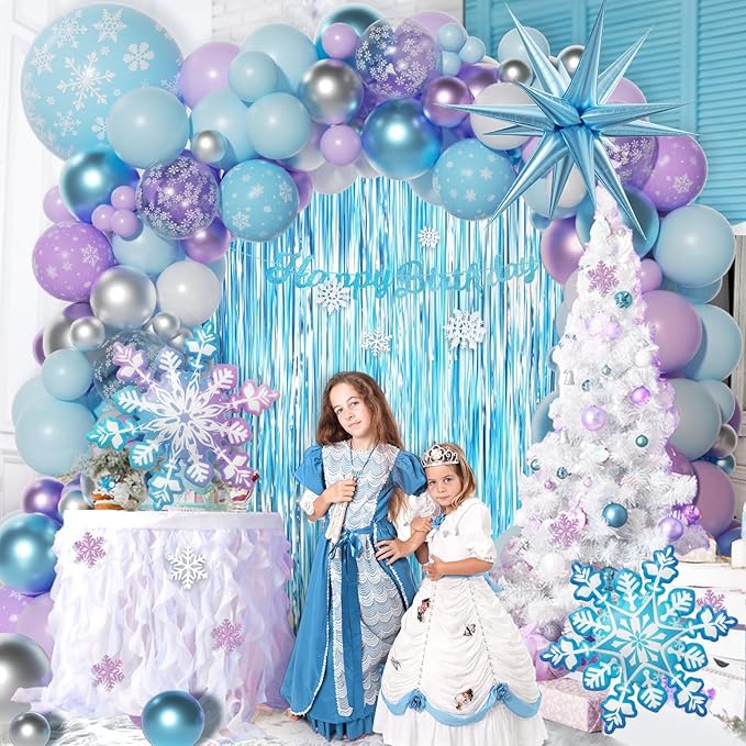 212pcs Frozen Balloon Arch Garland Kit, Blue Purple White Balloons with Fringe Curtain Snowflake Balloons Birthday Banner for Winter Wonderland 3th 4th Frozen Birthday Party Decorations