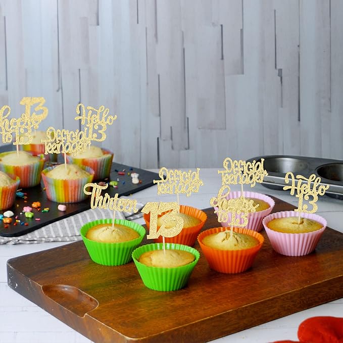 30Pcs 13th Birthday Cupcake Toppers Hello 13 Cupcake Picks Official Teenager Cheers to 13 Years Old Cake Decorations for 13th Birthday Anniversary Party Supplies Gold Glitter