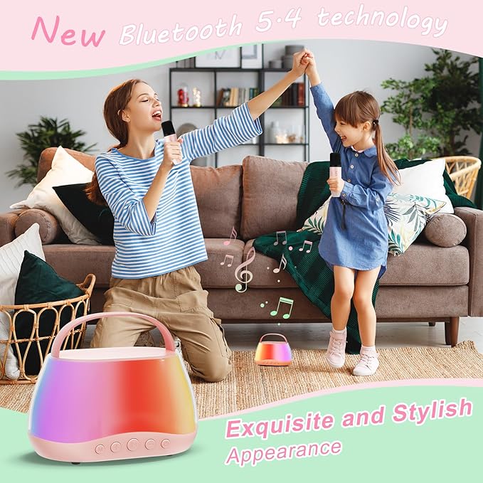 Portable Bluetooth Mini Karaoke Machine with 2 Wireless Microphone & LED Lights, Mini Karaoke Speaker for Kids & Adults, Birthday for Girls Boys Ages 3-12, Pink