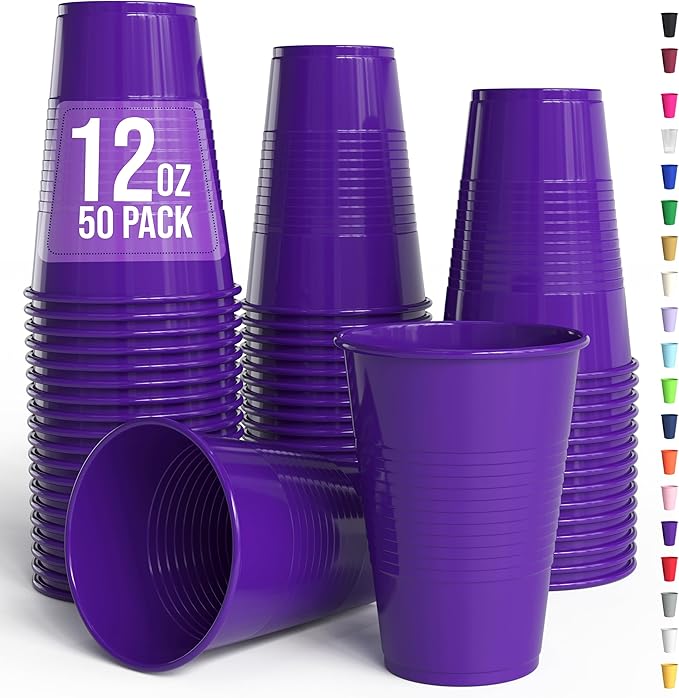 Exquisite Party Solids 12 Oz Purple Plastic Cups For Party Supplies 50 Pack | Purple Disposable Cups Plastic | Disposable Drinkware For Parties, Events & Everyday