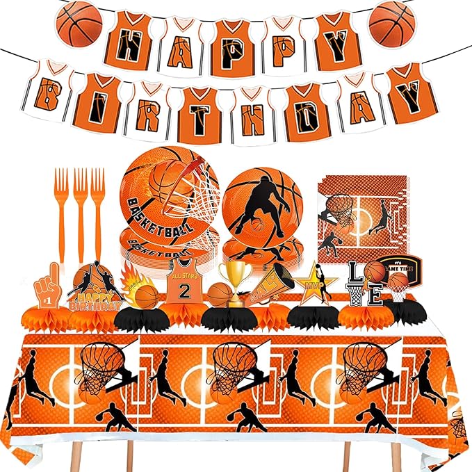 Basketball Party Supplies, Basketball Birthday Party Decorations Tableware Set,Include Honeycomb Centerpieces Table Decoration and Napkins,Cups,Plates,Banner,Tablecloth (Set B)