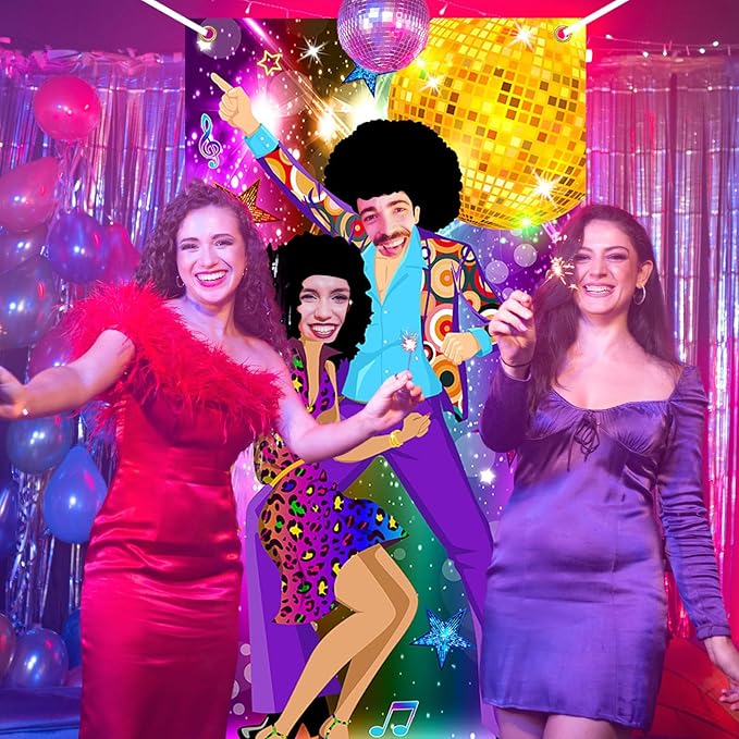 Disco Door Banner 3x6 ft 70s Party Decorations 70s Theme Photo Props Disco Party Supplies Face Cutout Photo Background