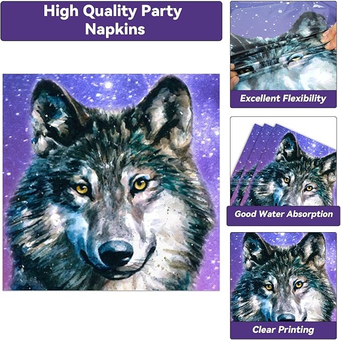 50 Guests Wolf Plates and Napkins Party Supplies Wolf Birthday Party Decorations Disposable Tableware Set Galaxy Animal Themed Dinnerware Favor for Kids Baby Shower Decorations, 200PCS