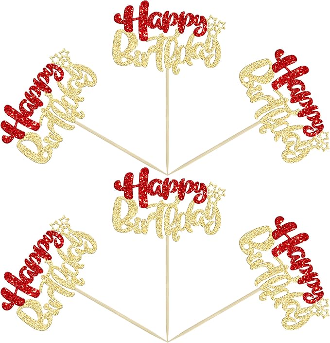 Ephlyn 24Pcs Happy Birthday Cupcake Toppers Double Layer Glitter Happy Birthday Cake Decorations for Christmas Theme Baby Shower Anniversary Party Decorations Supplies Red Gold