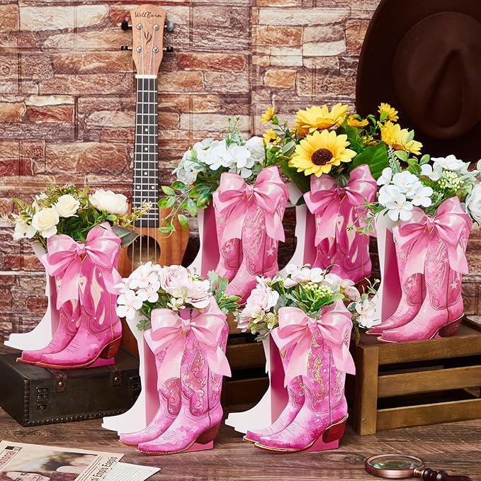 12 Set Pink Western Cowgirl Bow Boots Flower Boxes Centerpiece Boot Shape Gift Boxes Western Party Decoration Vase Centerpiece for Table Boots for Rodeo Birthday Baby Shower Wedding Supplies