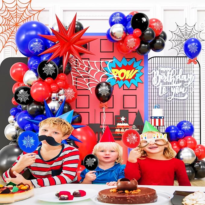 139 Pcs Blue Red Black Balloon Arch Garland Kit, for Cartoon Spider Theme Birthday Party Decorations Boys and Girls Gatherings Party Supplies