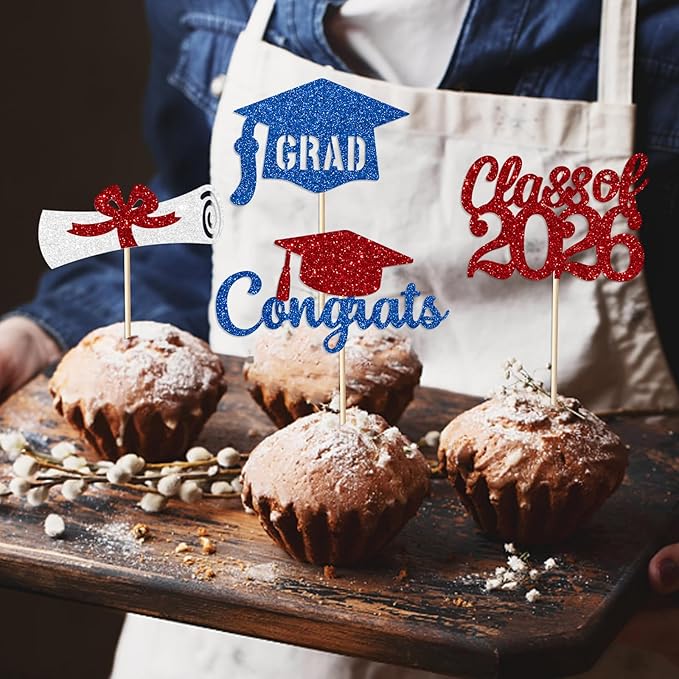 Red and Blue Graduation Cupcake Toppers Decorations Class of 2026 Cupcake Topper Graduation Cup Cake Picks Congrats Grad Party Decor Supplies Set of 24