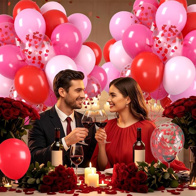 Valentine's Day Balloon, Valentine's Day Party Decoration with Red Hot Pink Balloons Heart Confetti Latex Balloons For Valentine Party Birthday Wedding Bridal Anniversary Engagement Decorations