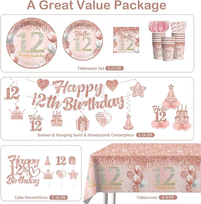 201 Pcs 12th Birthday Decorations for Girls, Pre-assembled Happy 12th Birthday Banner Cake Topper Rose Gold Plates and Napkins Party Supplies with 2 Pcs 12 Birthday Tablecloth for 12 Year Old Girl
